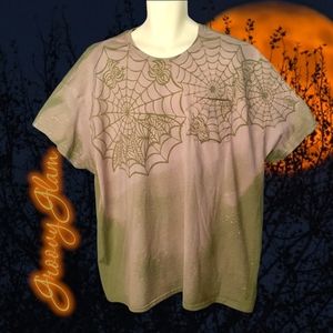 GROOVY GLAM Olive Handmade Halloween Bleached Spiderweb Plus Size Unisex Tshirt